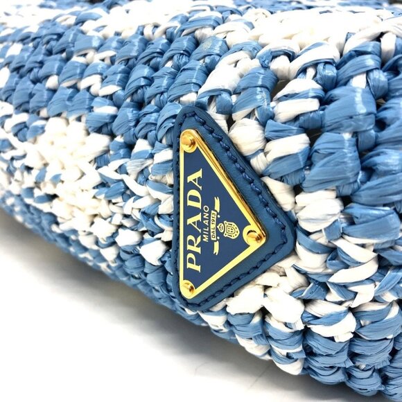 PRADA 1BG422 Small Crochet Basket Bag Tote Bag Handbag Raffia blue/White - Picture 4 of 12